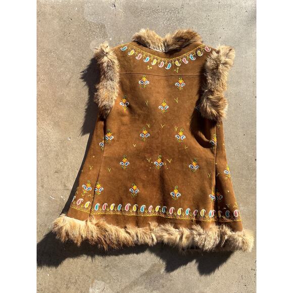 Vintage Suede leather Embroidered Vest with genuine fur trim Small boho western - Picture 3 of 5